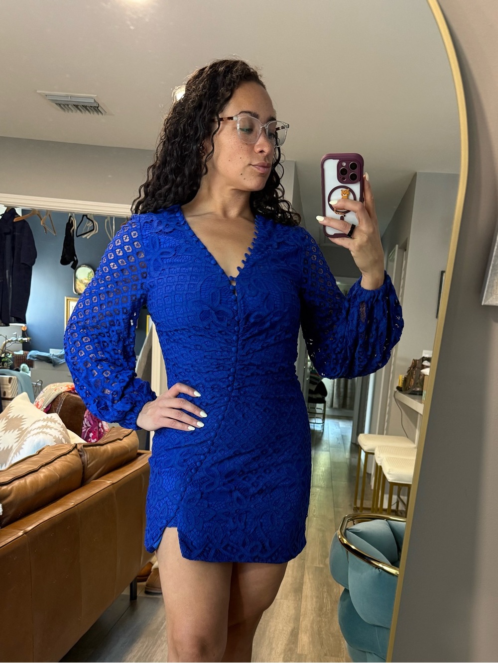 Bardot Blue Lace V-Neck Long Sleeve Mini Dress
